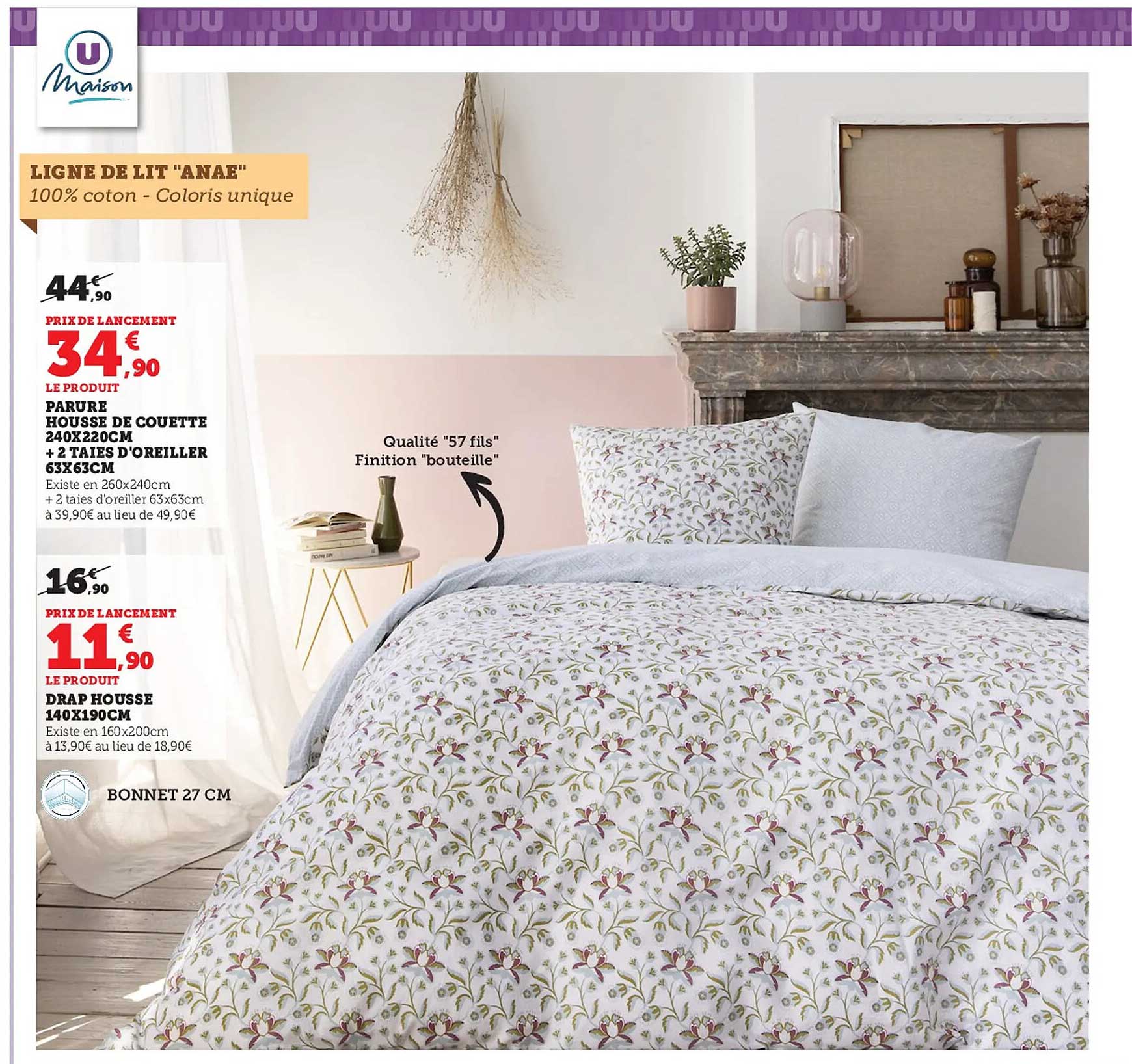 parure housse de couette 240 x 220 cm + 2 taies d'oreiller 63 x 63 cm u maison, drap housse 140 x 190 cm u maison