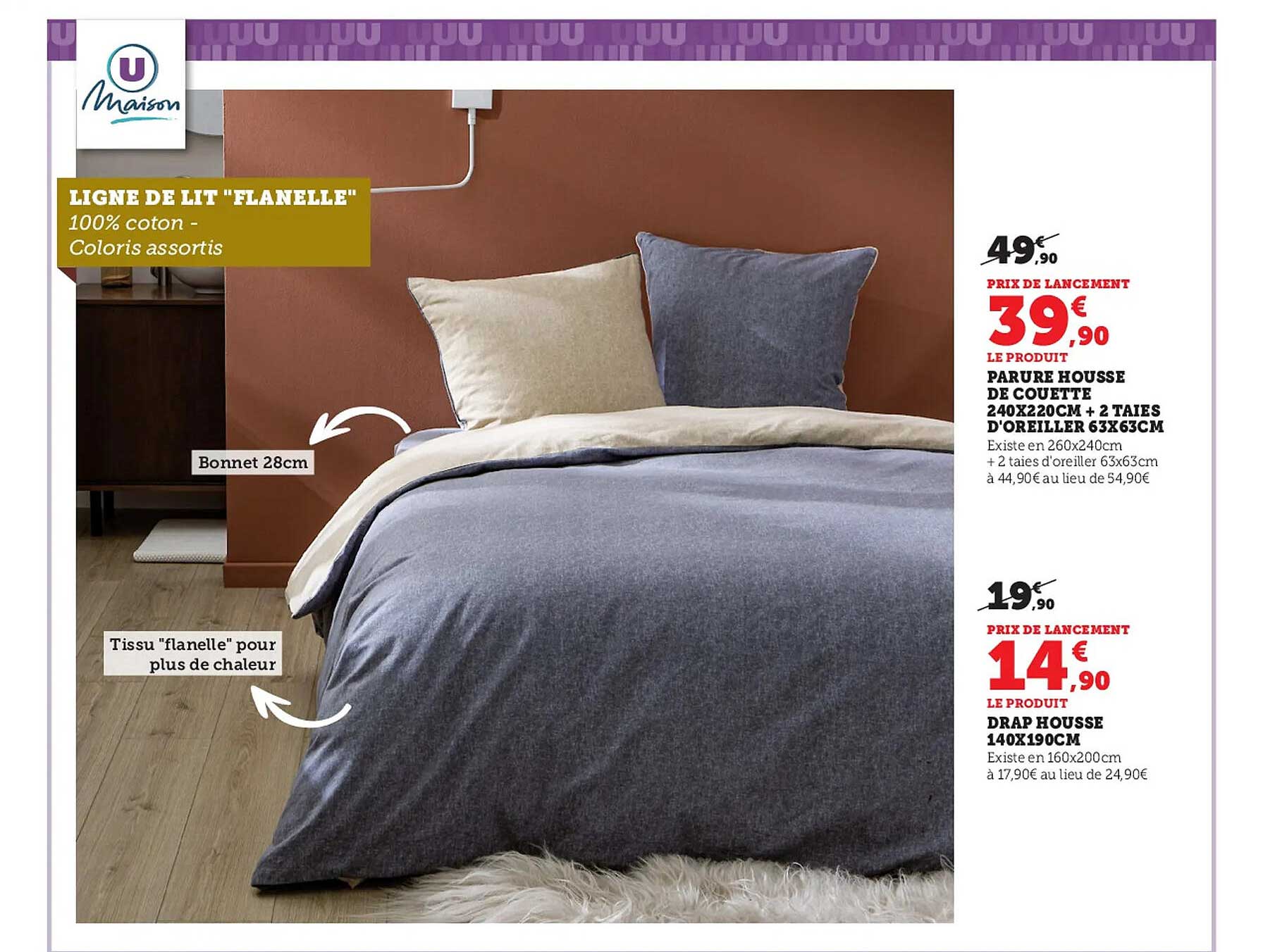 parure housse de couette 240 x 220 cm + 2 taies d'oreiller 63 x 63 cm u maison, drap housse 140 x 190 cm u maison