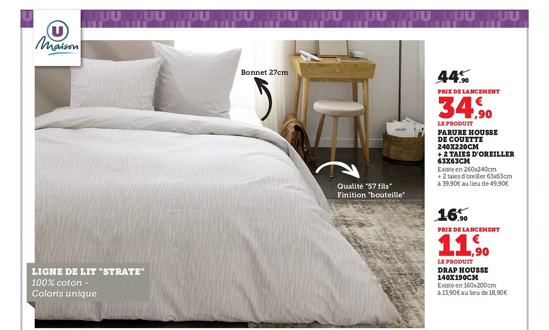 parure housse de couette 240 x 220 cm + 2 taies d'oreiller 63 x 63 cm u maison, drap housse 140 x 190 cm u maison