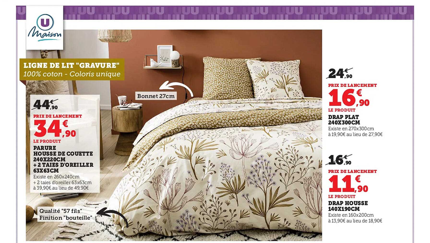 parure housse de couette 240 x 220 cm + 2 taies d'oreiller 63 x 63 cm u maison, drap plat 240 x 300 cm u maison, drap housse 140 x 190 cm u maison