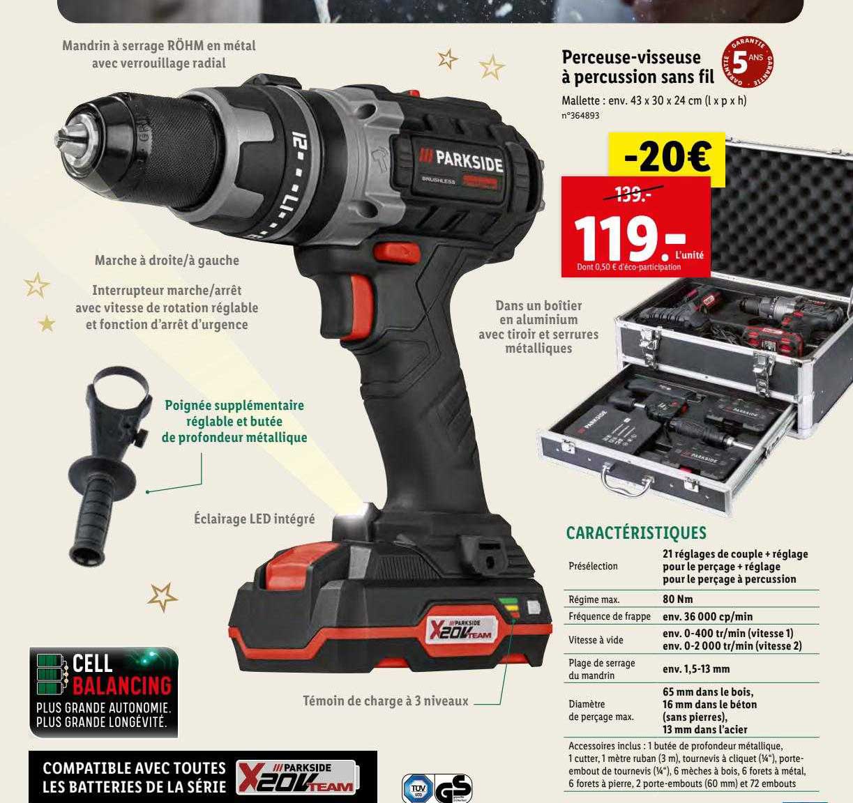 Perceuse-visseuse à Percussion Sans Fil Parkside