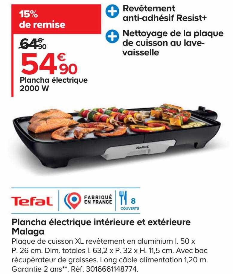 plancha électrique intérieure et extérieure malaga 2000 w tefal