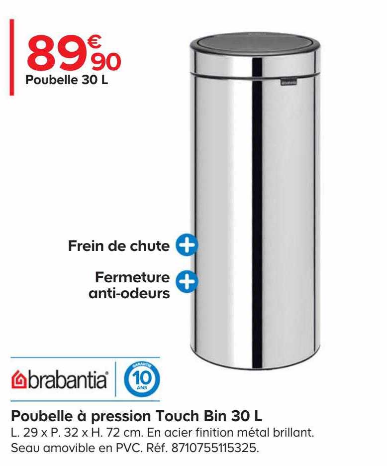 poubelle à pression touch bin 30l brabantia