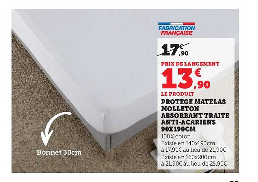 protège matelas molleton absorbant traité anti-acariens 90 x 190 cm