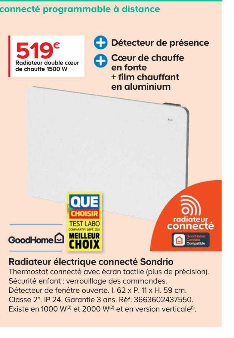 radiateur double cœur de chauffe électrique connecté sondrio 1500 w goodhome