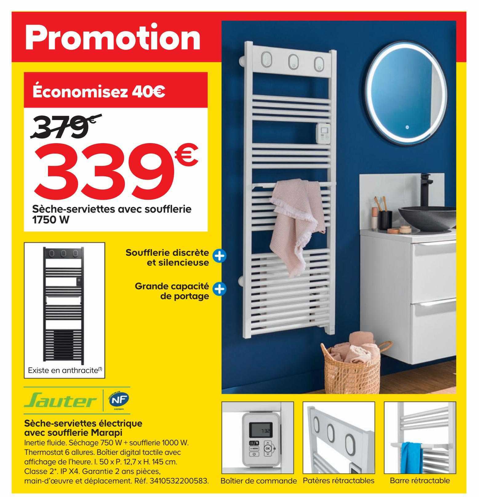 sèche-serviettes électrique avec soufflerie marapi 1750 w sauter