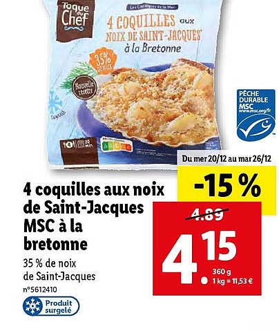 4 coquilles aux noix de saint-jacques msc à la bretonne