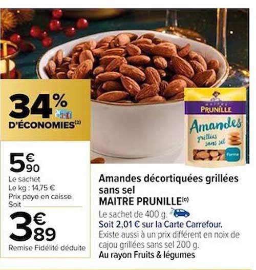 amandes décortiquées grillées sans sel maître prunille