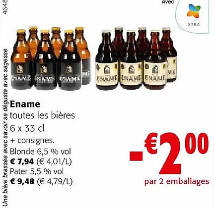 bières ename blonde, 6,5% vol. pater 5,5% vol.