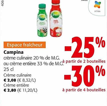 campina crème culinaire 20% de m.g. ou crème entière 33% de m.g.