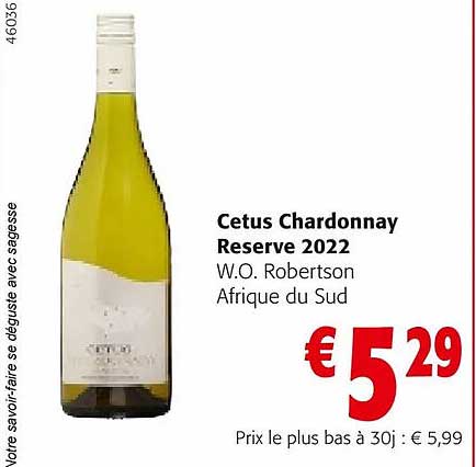 cetus chardonnay reserve 2022 w.o. robertson afrique du sud