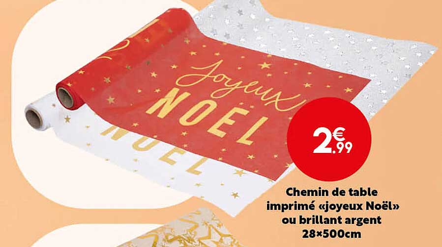 chemin de table imprimé «joyeux noël» ou brillant argent 28 x 500 cm