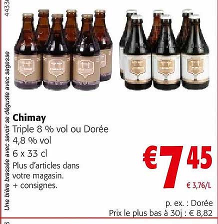 chimay triple 8% vol. ou dorée 4,8% vol.