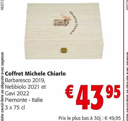 coffret michele chiarlo barbaresco 2019, nebbiolo 2021 et gavi 2022 piemonte - italie