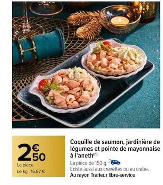 coquille de saumon, jardinière de légumes et pointe de mayonnaise à l'aneth