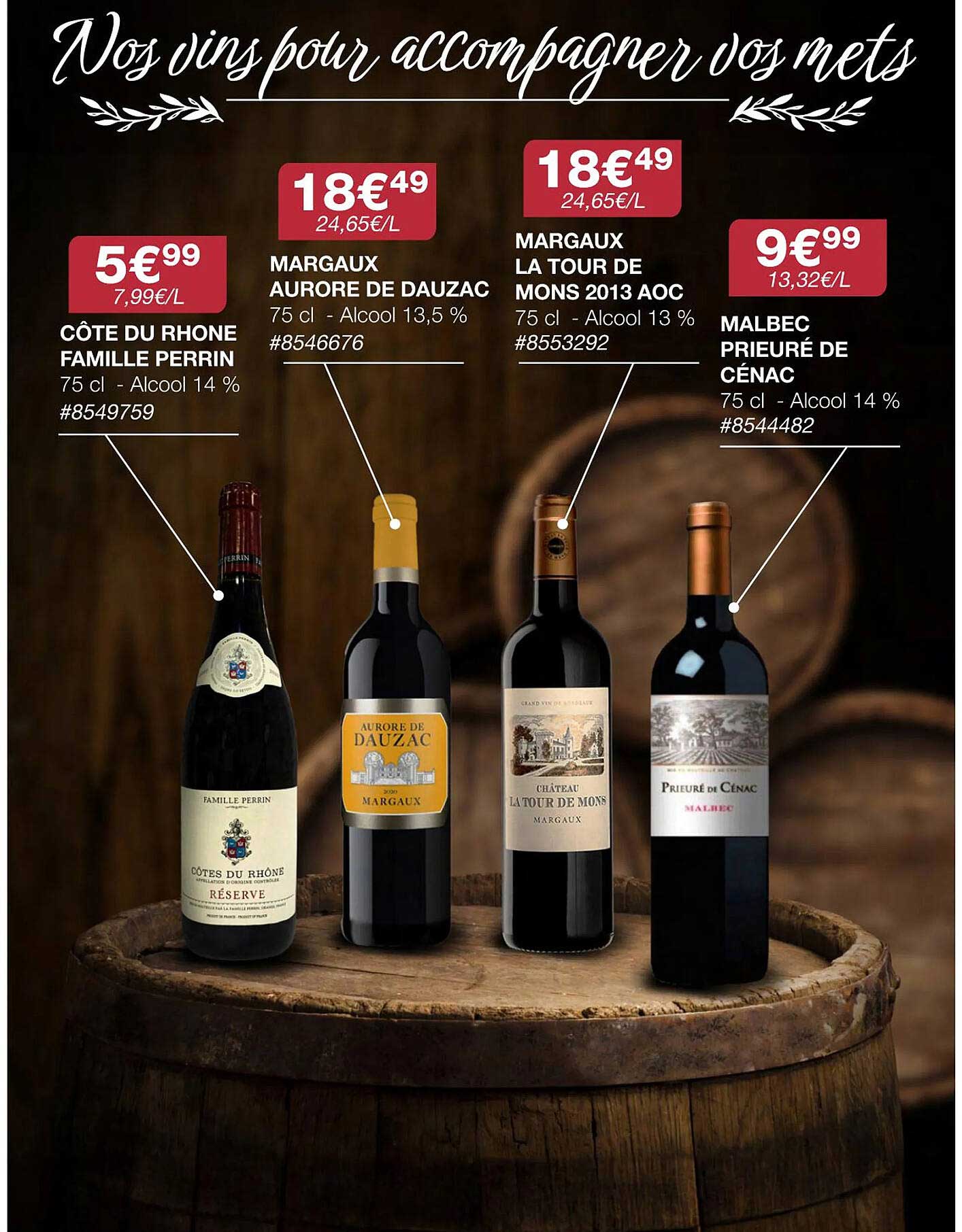 côte du rhône famille perrin, margaux aurore de dauzac, margaux la tour de mons 2013 aoc, malbec prieuré de cénac