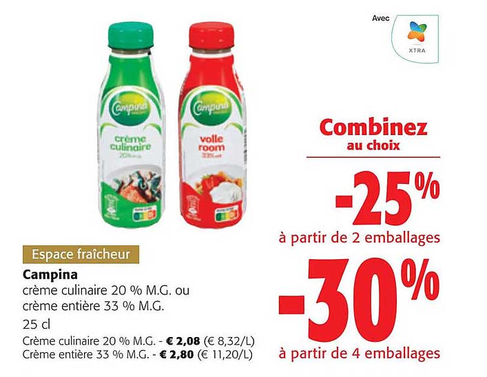 crème culinaire 20% m.g. ou crème entière 33% m.g. campina