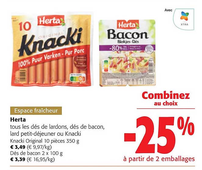 dés de lardons, dés de bacon, lard petit-déjeuner ou knacki herta