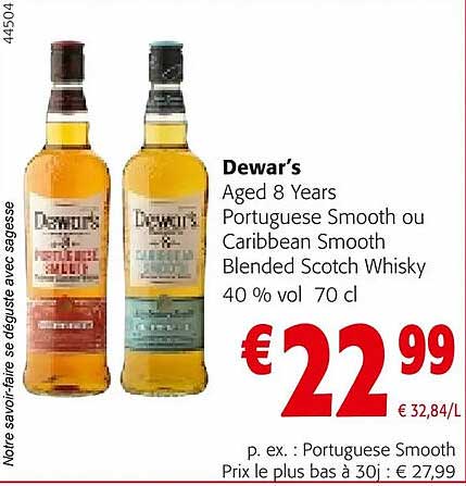 dewar's aged 8 years portuguese smooth ou caribbean smooth blended scotch whisky 40 % vol.