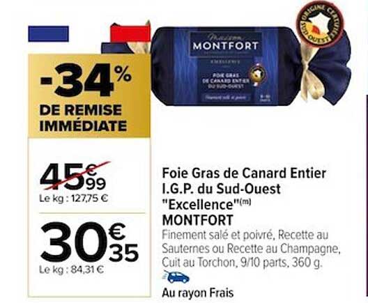 foie gras de canard entier i.g.p. du sud-ouest "excellence" montfort