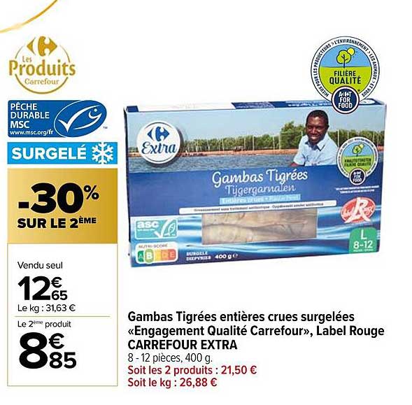 gambas tigrées entières crues surgelées «engagement qualité carrefour», label rouge carrefour extra