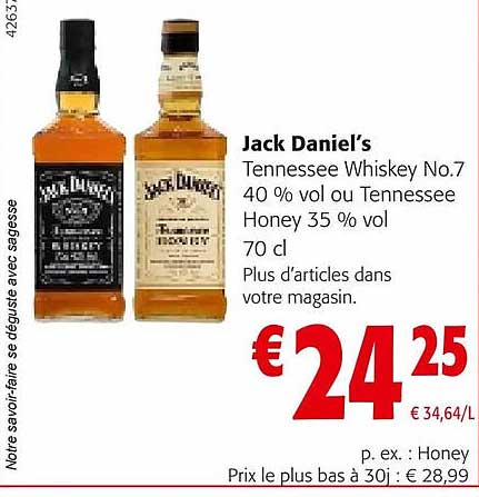 jack daniel's tennessee whiskey n°7 40% vol ou tennessee honey 35% vol.