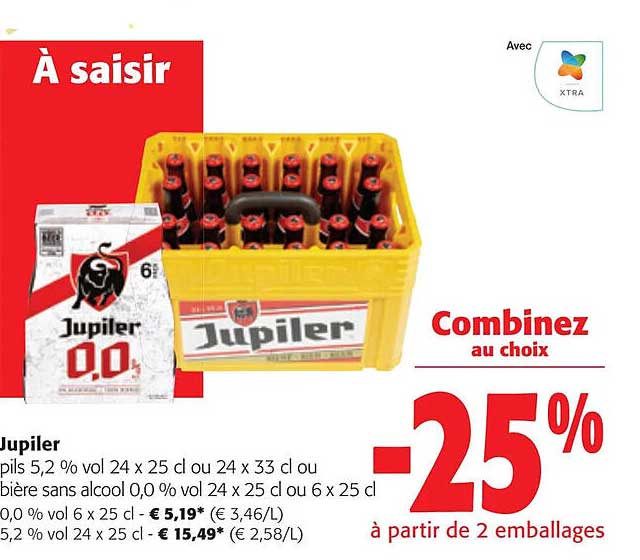 jupiler pils 5,2% vol ou bières sans alcool 0,0% vol.