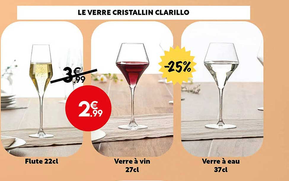 le verre cristallin clarillo : flute 22 cl, verre à vin 27 cl, verre à eau 37 cl