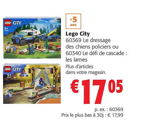 lego city 60369 le dressage des chiens policiers ou 60340 le défi de cascade les lames
