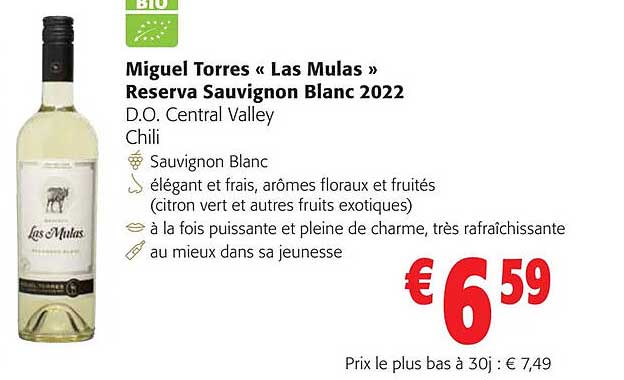 migeul torres <<las mulas>> reserva sauvignon blanc 2022 d.o. central valley chili