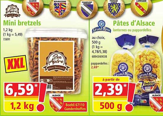 mini bretzels bon apéro, pâtes d'alsace lanternes ou pappardelles grand mère