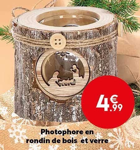 Photophore En Rondin De Bois Et Verre