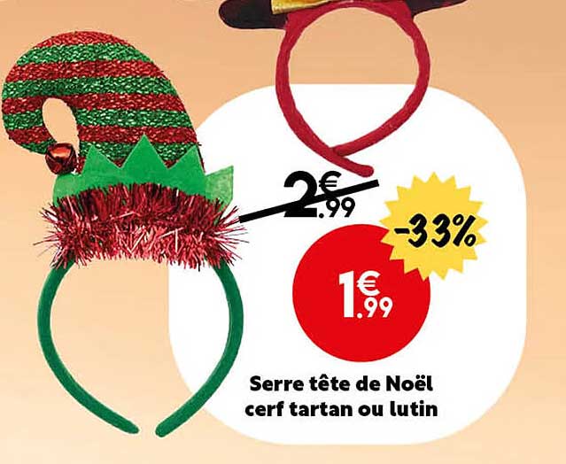 serre tête de noël cerf tartan ou lutin