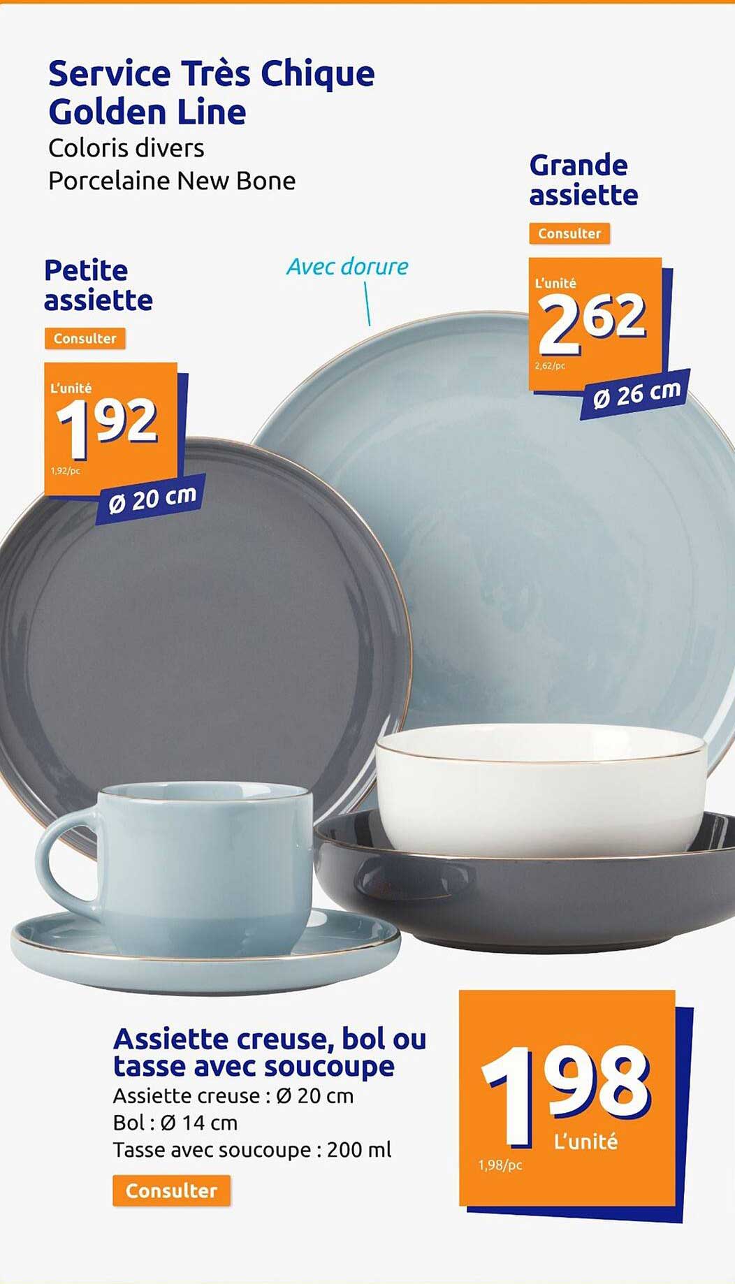 service très chique golden line, petite assiette, grande assiette, assiette creuse, bol ou tasse avec soucoupe