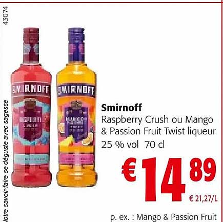 smirnoff raspberry crush ou mango & passion fruit twist liqueur 25% vol.