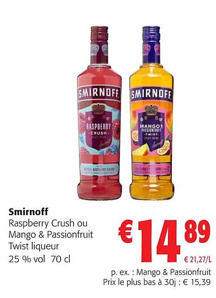 smirnoff raspberry crush ou mango & passionfruit twist liqueur