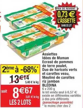 Assiettes Idées De Maman écrasé De Pommes De Terre Poulet, Duo De Haricots Verts Et Carottes Veau, Mouliné De Carottes Riz Jambon Blédina