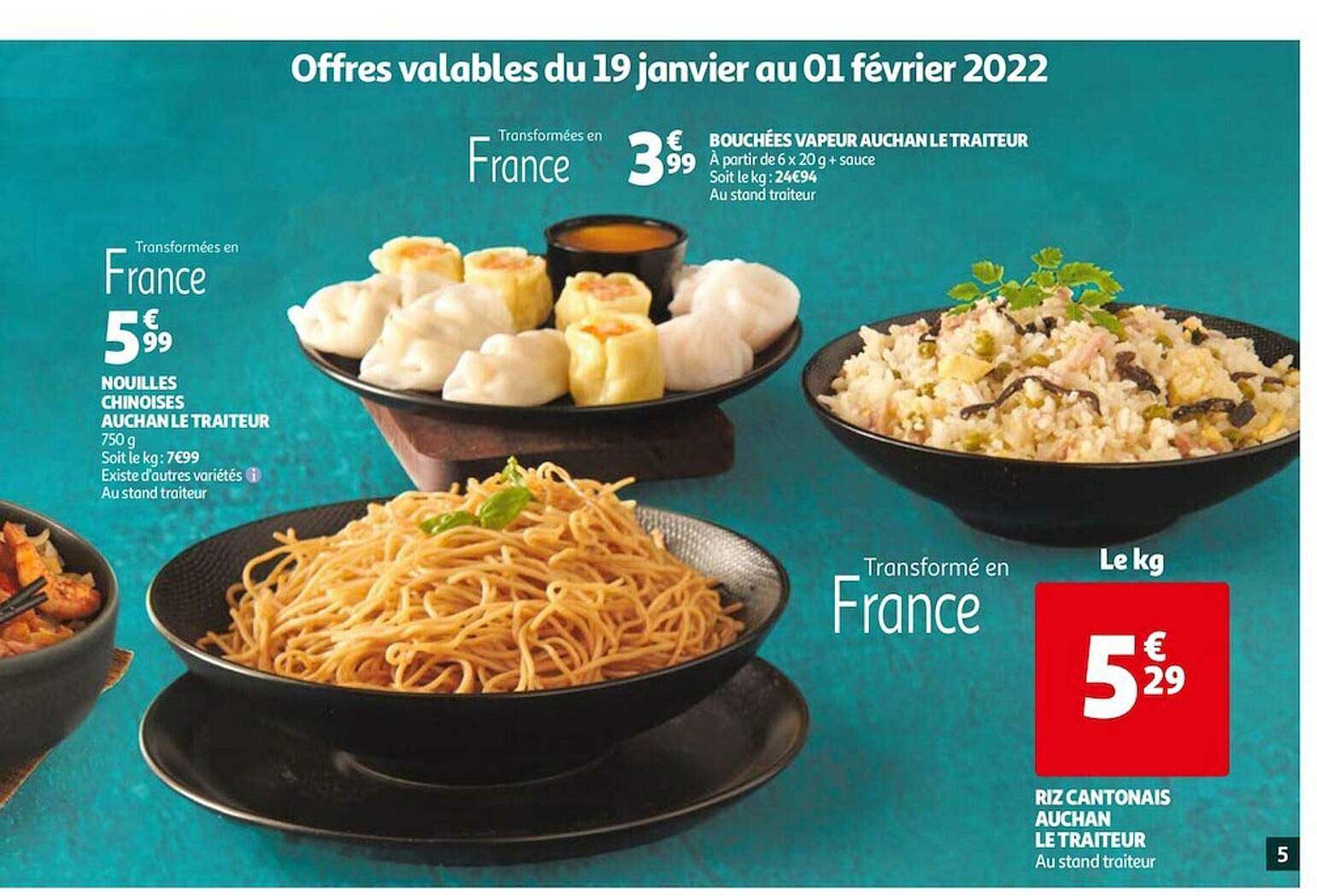 nouilles chinoises auchan le traiteur, bouchées vapeur auchan le traiteur, riz cantonais auchan le traiteur