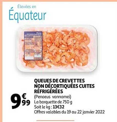 queues de crevettes non décortiquées cuites réfrigérées