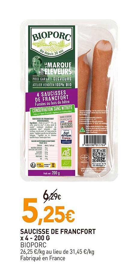 saucisse de francfort 4x - 200 g bioporc