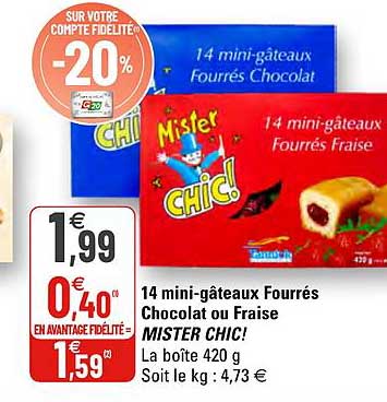 14 mini-gâteaux fourrés chocolat ou fraise mister chic !