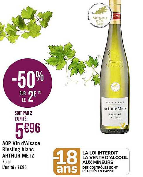 aop vin d'alsace riesling blanc arthur metz -50% sur le 2è