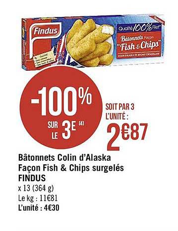bâtonnets colin d'alaska façon fish & chips surgelés findus -100% sur le 3è