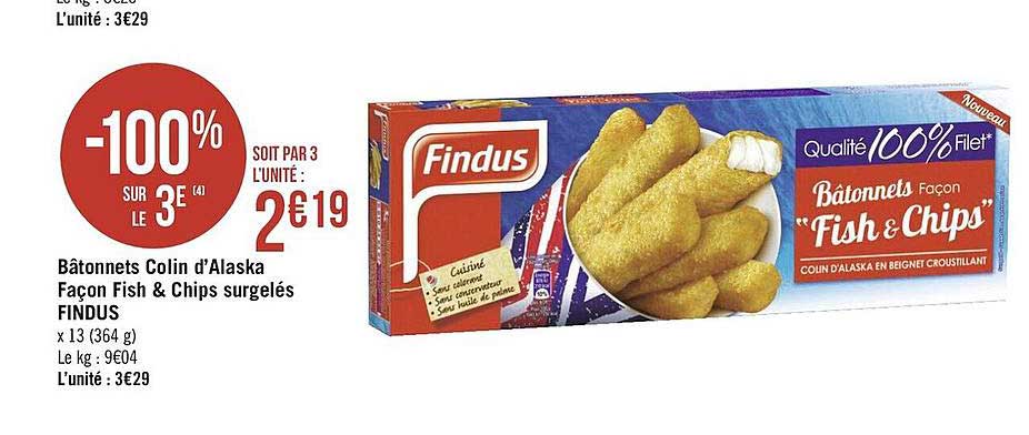 bâtonnets colin d'alaska façon fish & chips surgelés findus