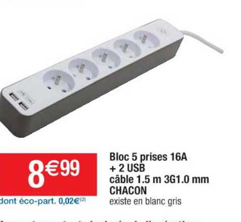 bloc 5 prises 16a + 2 usb câble 1.5 m 3g1.0 mm chacon