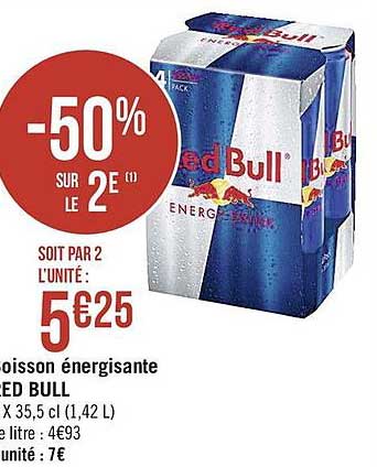 boisson énergisante red bull -50% sur le 2è
