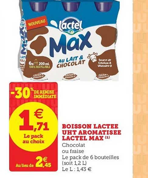 boisson lactée uht aromatisée lactel max