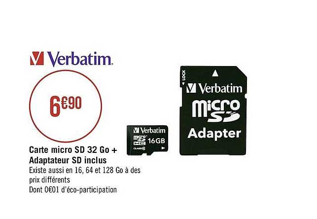 carte micro sd 32 go + adaptateur sd inclus vertatim