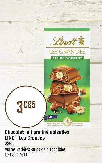 chocolat lait praliné noisettes lindt les grandes