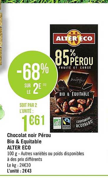 chocolat noir pérou bio & équitable alter eco -68% sur le 2è